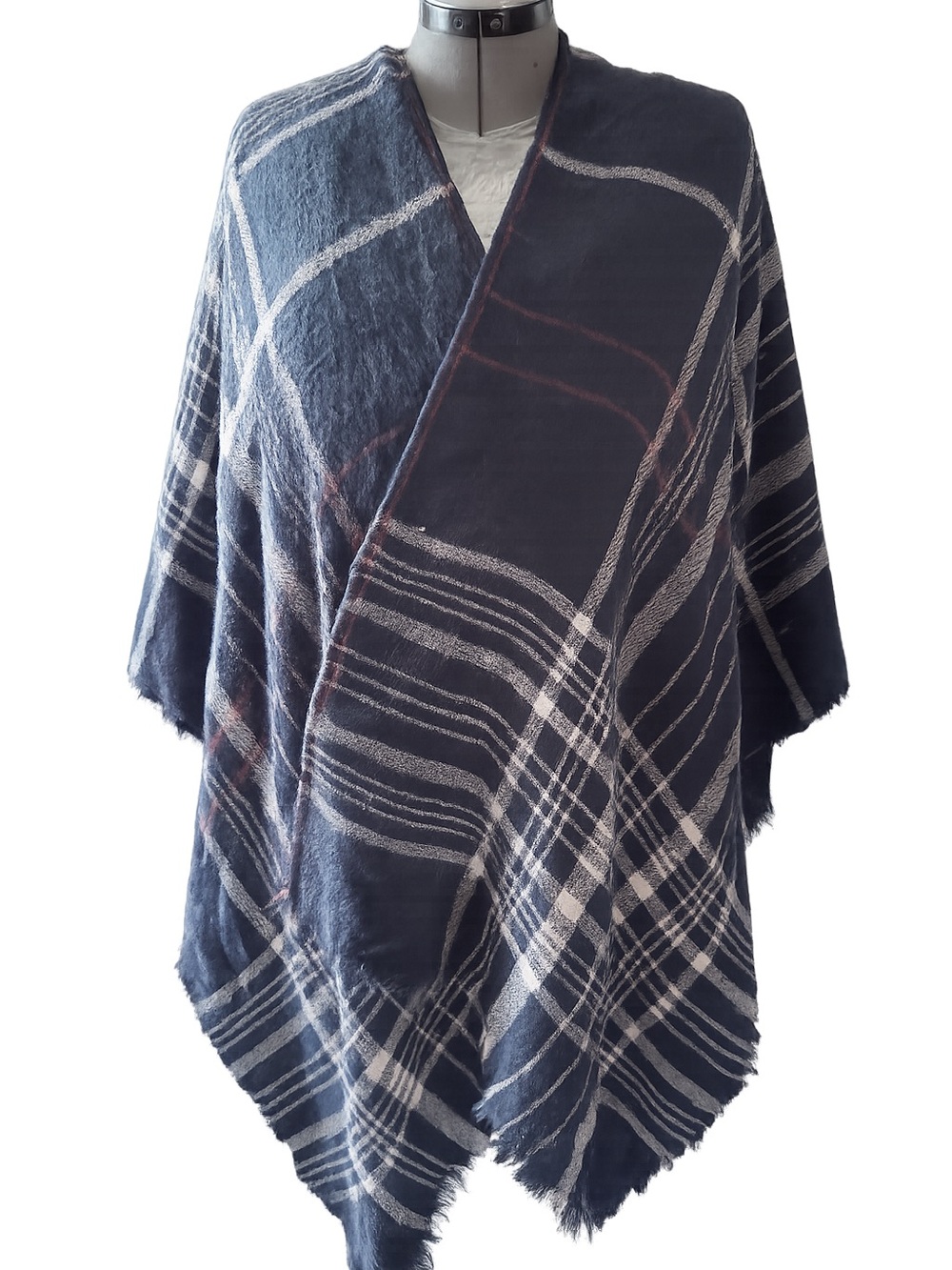 Navy Plaid Wrap Poncho - Cozy Layer